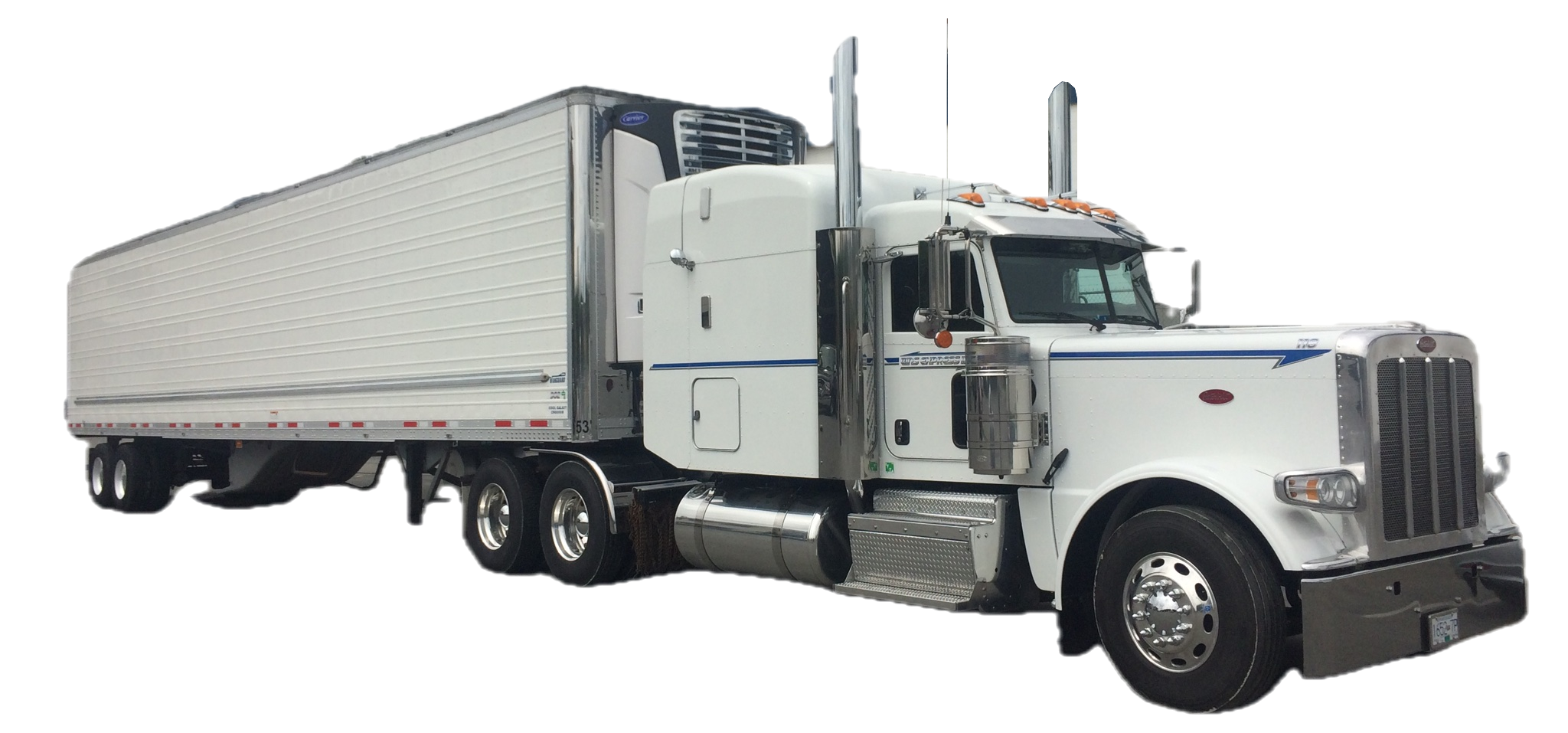 A clean white Peterbilt tractor and refrigerated trailer washed by Dr Shine
