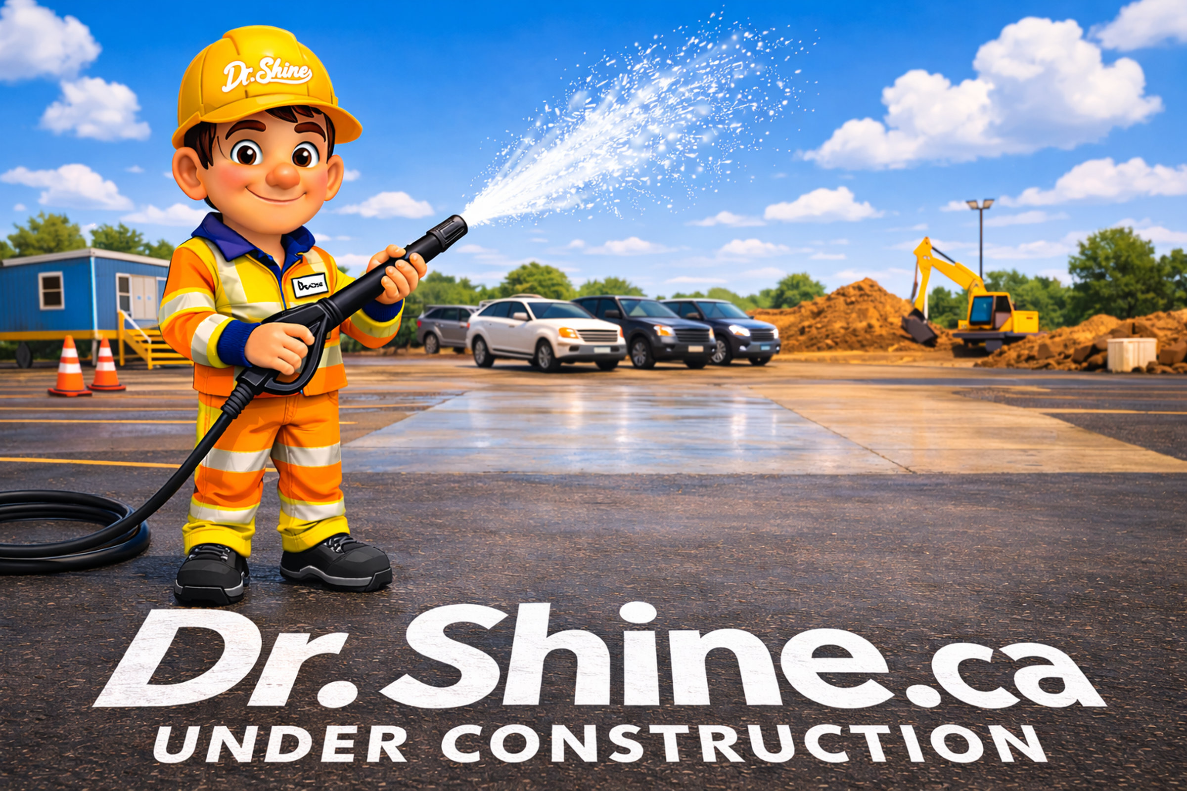 Dr Shine mascot on a construction site with under construction text